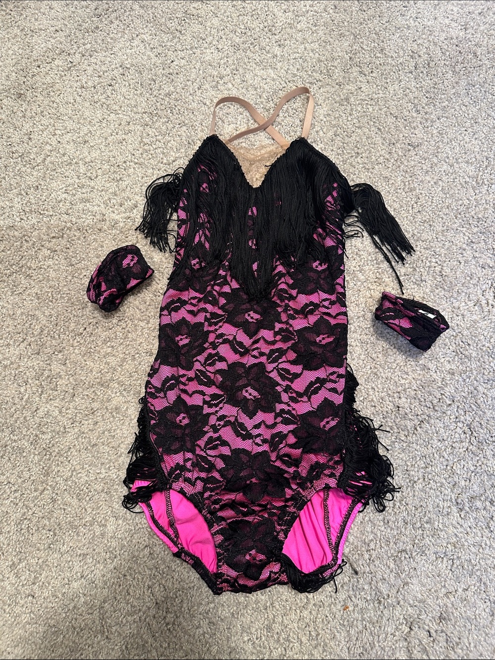 Pumpers Dancewear Girls Pink Lace One-Piece Bodysuit with Black Fringe Detail